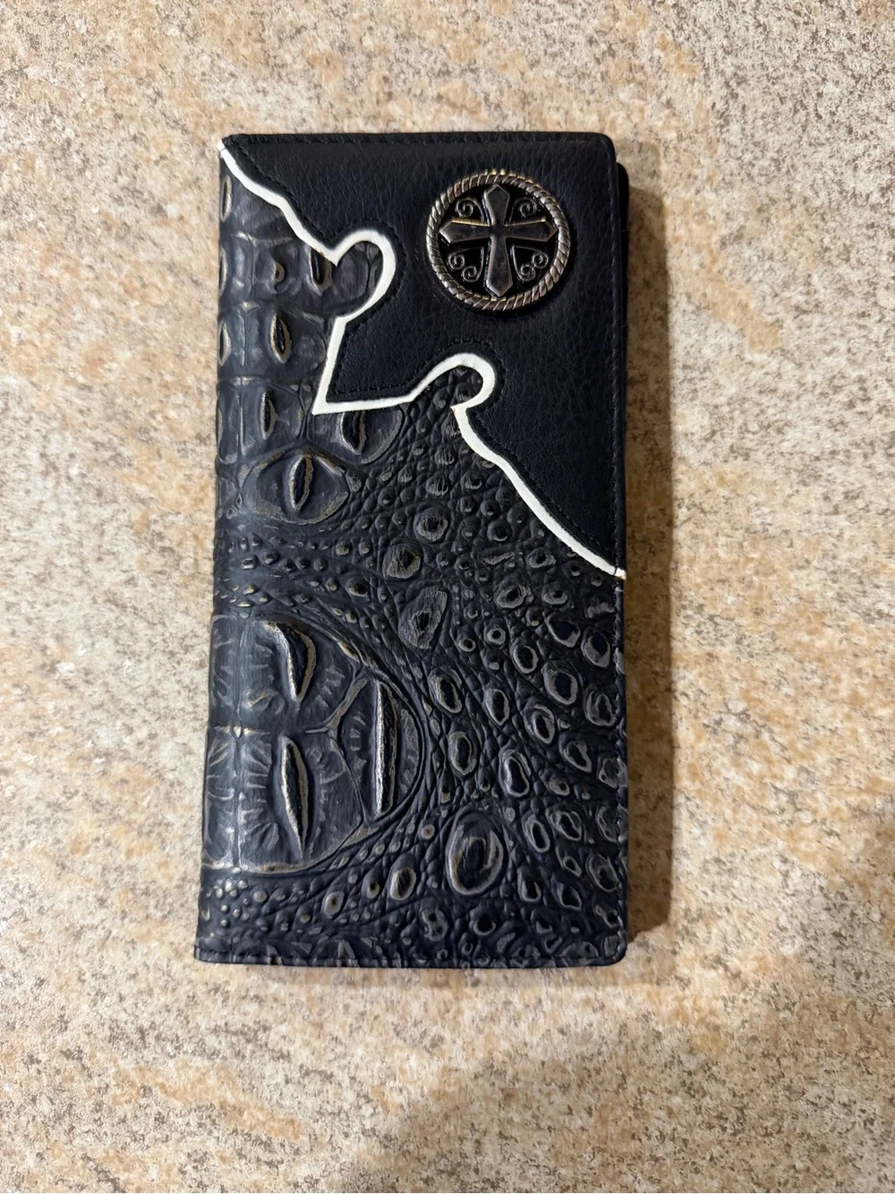 Men's Black Embossed Leather Long Wallet with Metal Emblem